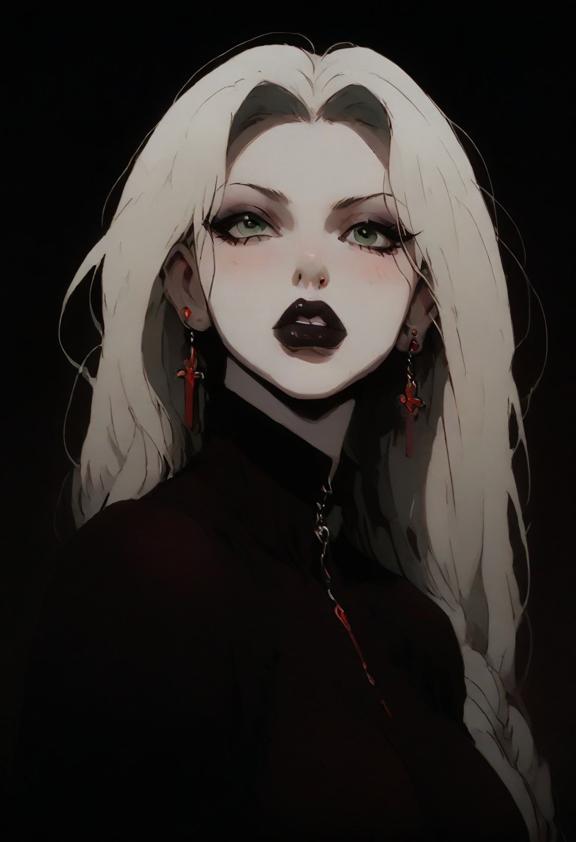 1girl, Kalluto Zoldyck, ((Goth Girl with very pale skin)),   black eyeliner , black lips, big breasts, big ass, thick lips, big lips, large lips,  bimbo lips, enormous lips, big thighs ,excessive pubic hair, plump, abs, wide hips, thick thighs, huge round ass, puckering lips, pouting face, (((blond hair))), two tone hair, 
 lip piercings, nose piercings, multiple ear piercings, navel piercings, septum piercing, 
score_9, score_8_up, score_7_up, score_6_up, source_cartoon, rating_explicit 
The background is a goth style bedroom,  lilandavastyle,
perfect slim figure, red earrings,  blonde, big ass, long braid, big breast, red high top shoes, blush stickers, makeup eyelids, freckles on the face, green eyes, a strand of long hair above the temples, excessive pubic hair, hairy stomach, hairy armpits, happy trail, skin dentation