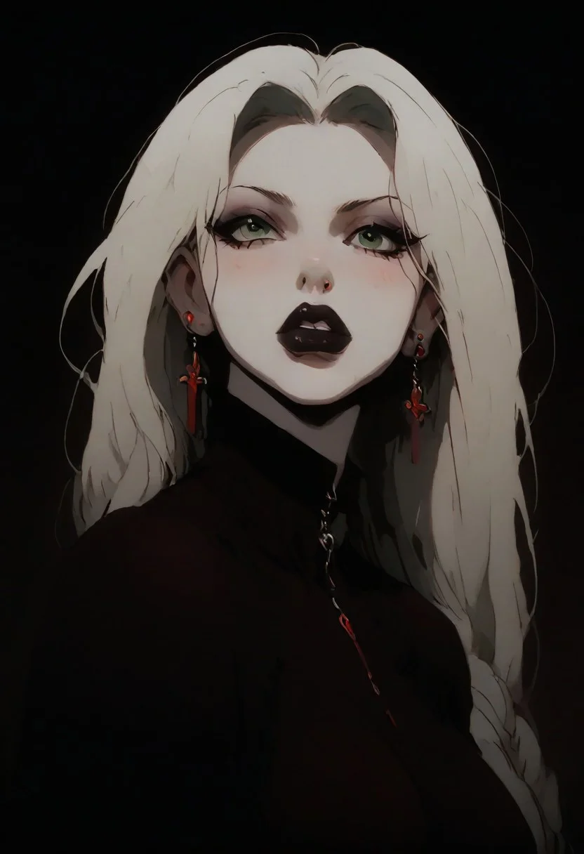 1girl, Kalluto Zoldyck, ((Goth Girl with very pale skin)), black eyeliner , black lips, big breasts, big ass, thick lips, big lips, large lips, bimbo lips, enormous lips, big thighs ,excessive pubic hair, plump, abs, wide hips, thick thighs, huge round ass, puckering lips, pouting face, (((blond hair))), two tone hair,
lip piercings, nose piercings, multiple ear piercings, navel piercings, septum piercing,
score_9, score_8_up, score_7_up, score_6_up, source_cartoon, rating_explicit
The background is a goth style bedroom, lilandavastyle,
perfect slim figure, red earrings, blonde, big ass, long braid, big breast, red high top shoes, blush stickers, makeup eyelids, freckles on the face, green eyes, a strand of long hair above the temples, excessive pubic hair, hairy stomach, hairy armpits, happy trail, skin dentation