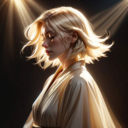 ((8k, best quality, masterpiece, extremely detailed, Rule of thirds)), (((light play, shadow play))), ((abstract background)), ((glamour photography)), ((cinematic, film grain)), ((anime aesthetic)), ((provocative)), ((soft light passing through hair)), ((short blond hair, floating hair)), ((cleric, cleric-robes, flowing robes, sheer, holy-light)), ((dynamic pose)), radiant-aura, profile-shot, close-up, eyes closed, reflective, shiny,