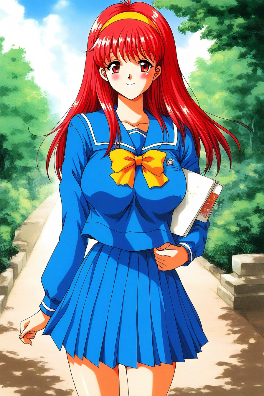 score_9, score_8_up, score_7_up, source_anime, rating_explicit, BREAK  <lora:Fujisaki_Shiori_XL:1> FujisakiShiori, long hair, Yellow hairband, red hair, red eyes, large breasts,
1girl, solo, school uniform, skirt, blue serafuku, long sleeves, blue skirt, blue long sleeve,
yellow bow, pleated skirt, bow, blue sailor collar,
outdoor, sky, tree, smile,
1990s \(style\) 
 looking at viewer, blush,