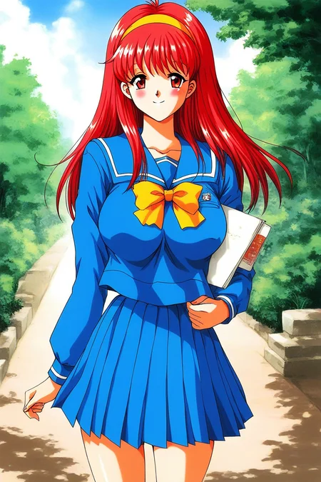 score_9, score_8_up, score_7_up, source_anime, rating_explicit, BREAK <lora:Fujisaki_Shiori_XL:1> FujisakiShiori, long hair, Yellow hairband, red hair, red eyes, large breasts,
1girl, solo, school uniform, skirt, blue serafuku, long sleeves, blue skirt, blue long sleeve,
yellow bow, pleated skirt, bow, blue sailor collar,
outdoor, sky, tree, smile,
1990s \(style\)
looking at viewer, blush,