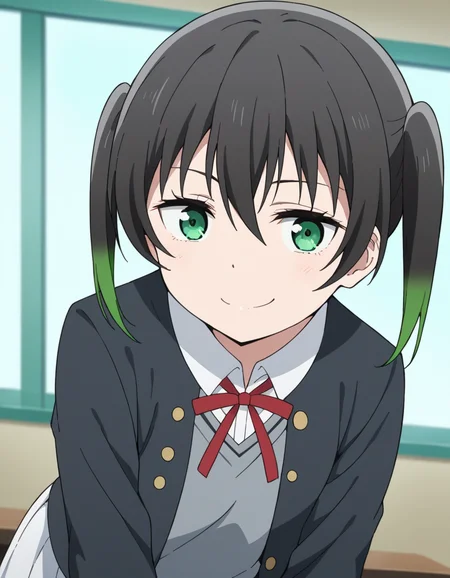 score_9, score_8_up, score_7_up, source_anime, <lora:yuu-takasaki-s2-ponyxl-lora-nochekaiser:1>, yuu takasaki, bangs, black hair, hair between eyes, twintails, green eyes, multicolored hair, green hair, medium hair, two-tone hair, gradient hair,, skirt, long sleeves, school uniform, jacket, red ribbon, black jacket, blazer, nijigasaki academy school uniform, white skirt,, indoors, bent over, smile, smug, looking at viewer, solo,, cowboy shot, dutch angle