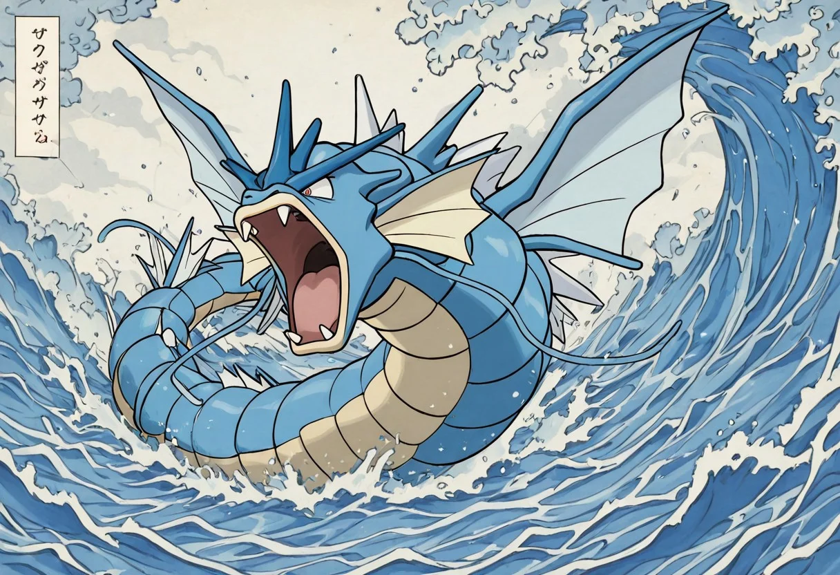 pokemon (creature), gyarados, style, thick lines, outline, no humans, dynamic pose, violent water splash, motion lines, aggressive expression, roaring, crashing through ocean waves, water particles flying, stormy sea, dramatic lighting, intense movement, open mouth with sharp fangs, serpentine body coiling mid-air, turbulent energy, wind and spray, action scene, powerful composition, solo, fury and chaos