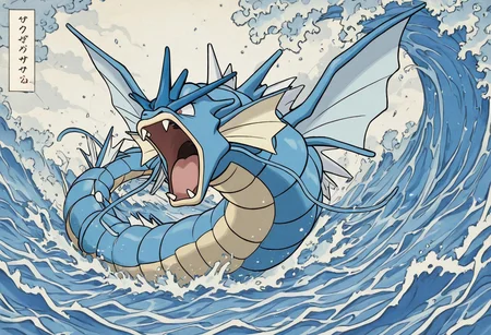 pokemon (creature), gyarados, style, thick lines, outline, no humans, dynamic pose, violent water splash, motion lines, aggressive expression, roaring, crashing through ocean waves, water particles flying, stormy sea, dramatic lighting, intense movement, open mouth with sharp fangs, serpentine body coiling mid-air, turbulent energy, wind and spray, action scene, powerful composition, solo, fury and chaos
