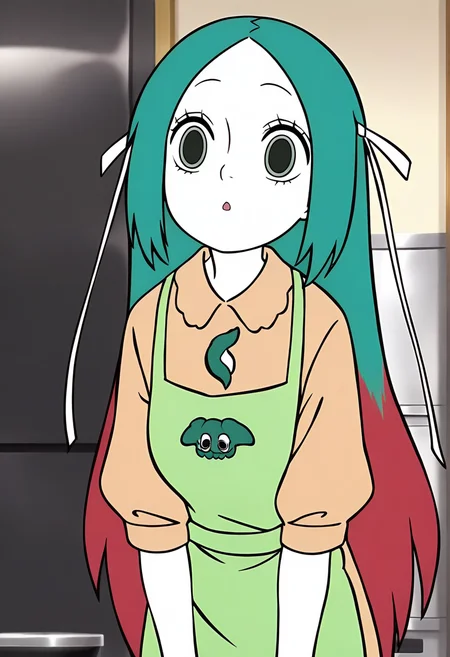 <lora:jingwei:1>,jingwei,1girl,solo,long hair,multicolored hair,red hair,green hair,hair ribbon,white ribbon,black_pulpil,white skin,
 green apron, shirt,, masterpiece,best quality,amazing quality,absurdres, anime screenshot,
