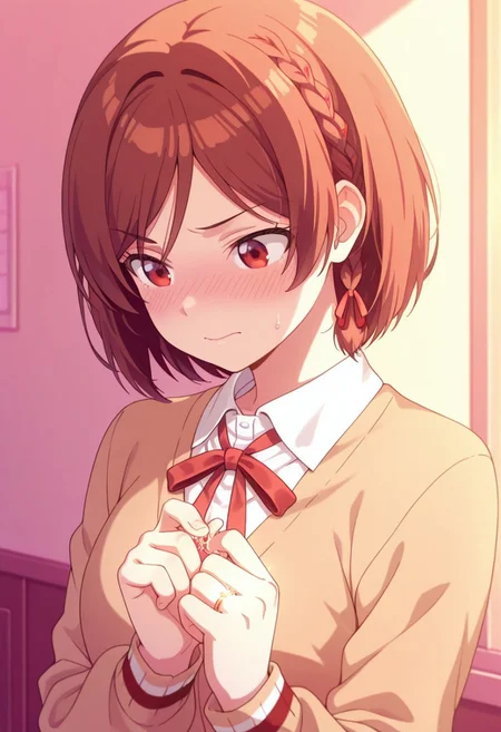 masterpiece,best quality,amazing quality, sakuramori akane, short hair, brown hair, red eyes, 1girl, solo, braid, ring, blush, jewelry, sweatdrop, school uniform, shirt, ribbon, closed mouth, white shirt, holding jewelry, red ribbon