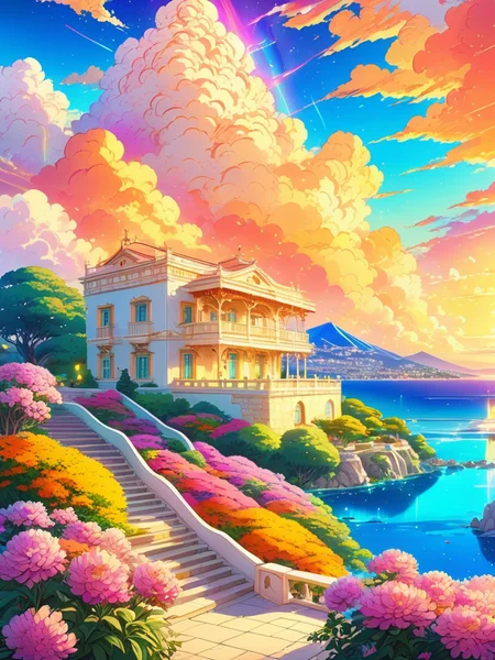 best quality, hdr, hd, cel shading, illustration, masterpiece, vibrant crystalline city, terraces, foreground greek villa, studio ghibli, matte painting, beautiful nature landscape, art by rhads, trending on artstation, golden hour, cel shading, breathtaking colorful clouds, stars, streaks, makoto shinkai, latex textures, postcard, synthwave colors, foreground wildflowers, supercell
<lora:last:1.2>