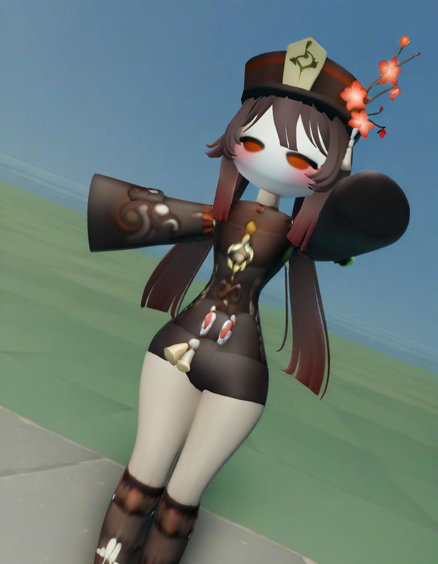 masterpiece, 3d, solid circle eyes, no mouth, blush, 1girl, tall, solo, red_eyes, (half-closed eyes:0.9), (hutao \(genshin impact\):1.2), hat, standing, a-pose, dutch angle, landscape,low angle, day