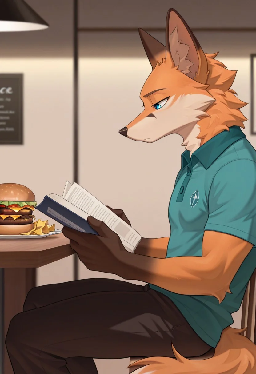 score_9, score_8_up, score_7_up, score_6_up, score_5_up, score_4_up, male, 2d, flat_colors, upper_body, portrait, male, fox, bored, blue_eyes, standing, solo, solo, detailed_fur, body_fur, By Cooliehigh, masterpiece, best quality, amazing quality, very aesthetic, high resolution, ultra-detailed, absurdres, newest, scenery, depth of field, scenery, volumetric lighting, detailed face, detailed body, detailed background, perfect hands, perfect anatomy, masterpiece, high quality, best quality, BREAK, depth of field, detailed fur, photorealistic details, volumetric lighting, indoors, burger, plate, holding book, restaurant, khakis, polo shirt, teal shirt, black loafers, side view, profile, reading, sitting, orange fur