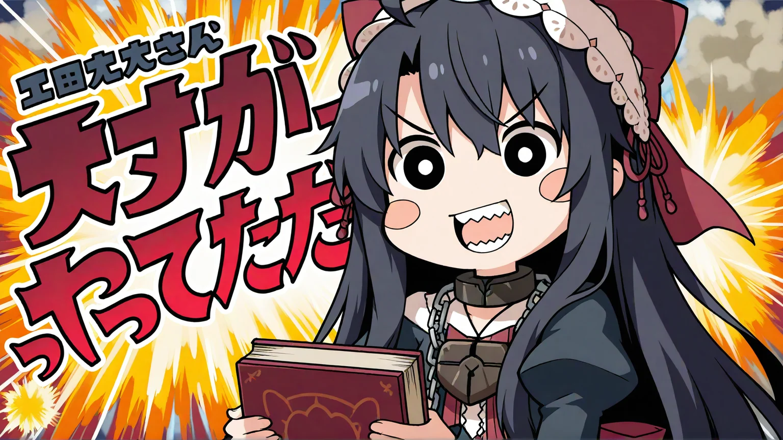 1girl,
very awa, noveldalian, black hair, long hair, very long hair, ahoge, daliandress, padlock, collar, metal collar, chain, black dress, headdress, long sleeves, hair bow, large bow, red bow, frills, holding book, yatte kitazo, explosion, bright pupils, open mouth, sharp teeth, smile, blush stickers, holding, v-shaped eyebrows, bow, teeth, lock, white pupils, book, frilled dress,
masterpiece, best quality, newest, highres, absurdres
<lora:NoobV065sHyperDmd:1> <lora:NovelDalian_IXL:1> <lora:Akari_Ga_Yatte_Kitazo_IXL20:1>