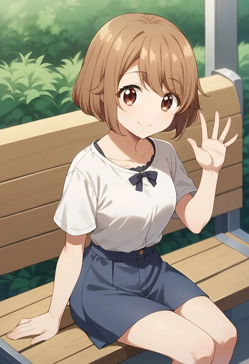 score_9, score_8_up, score_7_up,tsumugi tsutsumi, brown hair, short hair, brown eyes, 1girl, solo, sitting, smile, waving, bench