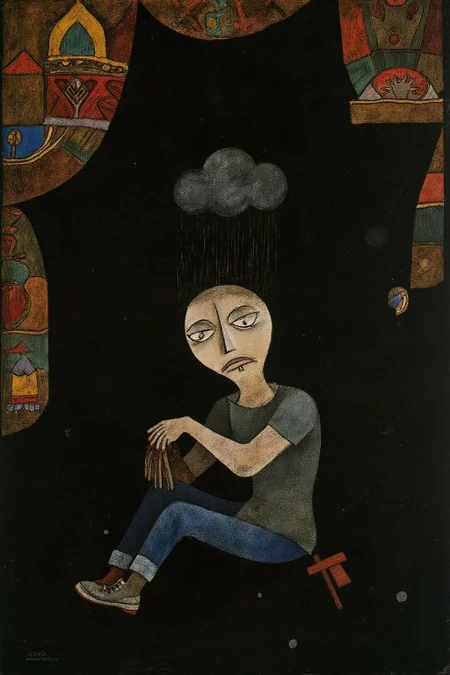 paulklee1 painting.
chenu1.
A geometric figure sitting on the ground, hugging his knees, with a melancholy expression. Above his head is a small, dark rain cloud pouring rain solely on him, symbolizing personal struggle or sadness. He is wearing casual clothing, including a gray t-shirt, jeans, and worn sneakers. The background features an ornate, colorful mural depicting traditional or spiritual motifs, contrasting with the character's isolation and mood. The overall style is hyper-realistic with intricate textures, blending realism with metaphorical elements, and the atmosphere is somber yet deeply introspective
<lora:paulklee1_cap_d8a4e12:1.0><lora:839872252196600536:0>
