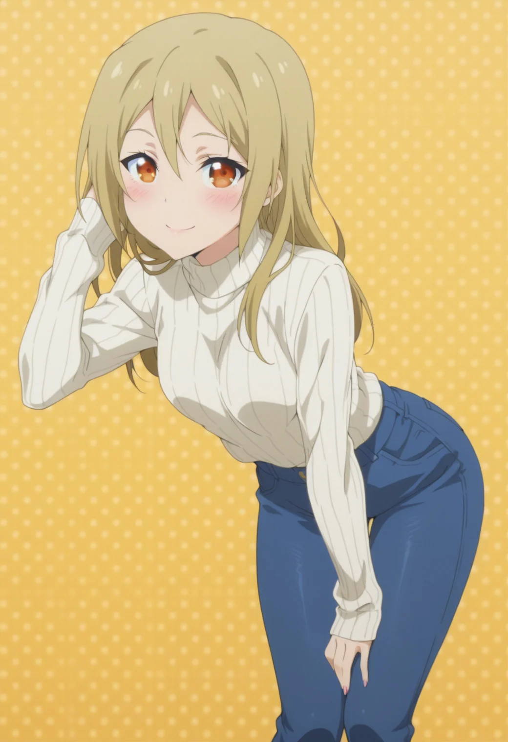 anime screencap, anime coloring, <lora:DX888Akane:1> segawa akane, orange eyes, blonde hair, long hair, hair down, BREAK casual, jeans, long sleeves, (ribbed sweater:1.2), sleeves past wrists, sweater tucked in, turtleneck sweater, white sweaterBREAK simple background, yellow background, polka dot background, BREAK 1girl, blush, hand in own hair, leaning forward, looking at viewer, smile, solo,