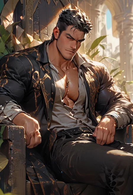 score_9, score_8_up, score_7_up, Atlas, a hulking man of beast-like musculature and an open shirt with wild black hair, master of knowledge and memory with a throne of books.