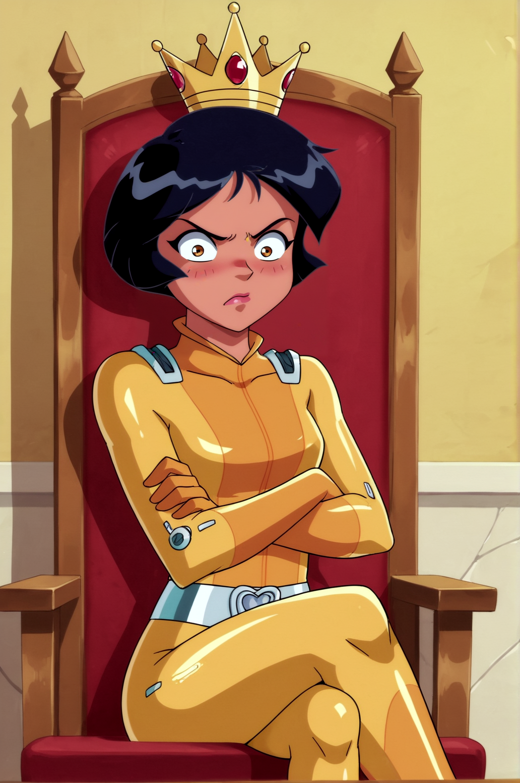 score_9, score_8_up, score_7_up,anime_source, source_anime, best background, detailed background, anime screencap,  Alexandra Vasquez, belt, bodysuit, solo, yellow bodysuit, throne, sitting,  indoors, tsundere, golden crown, crossed legs, crossed arms, blush, horny, <lora:JN_Alexandra_Vasquez:0.8>
