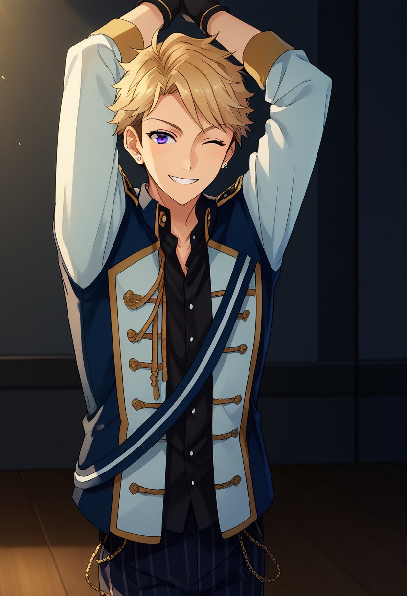 score_9, score_8_up, score_7_up, source_anime, highly detailed, 
narukami, male focus, 1boy, solo, one eye closed, smile, upper body, blonde hair, striped,
gloves, striped pants,  arms up, pants, pinstripe pattern, purple eyes, earrings, black gloves, jewelry, ;),
jacket, vertical stripes, standing, knights uniform,
indoor, stage