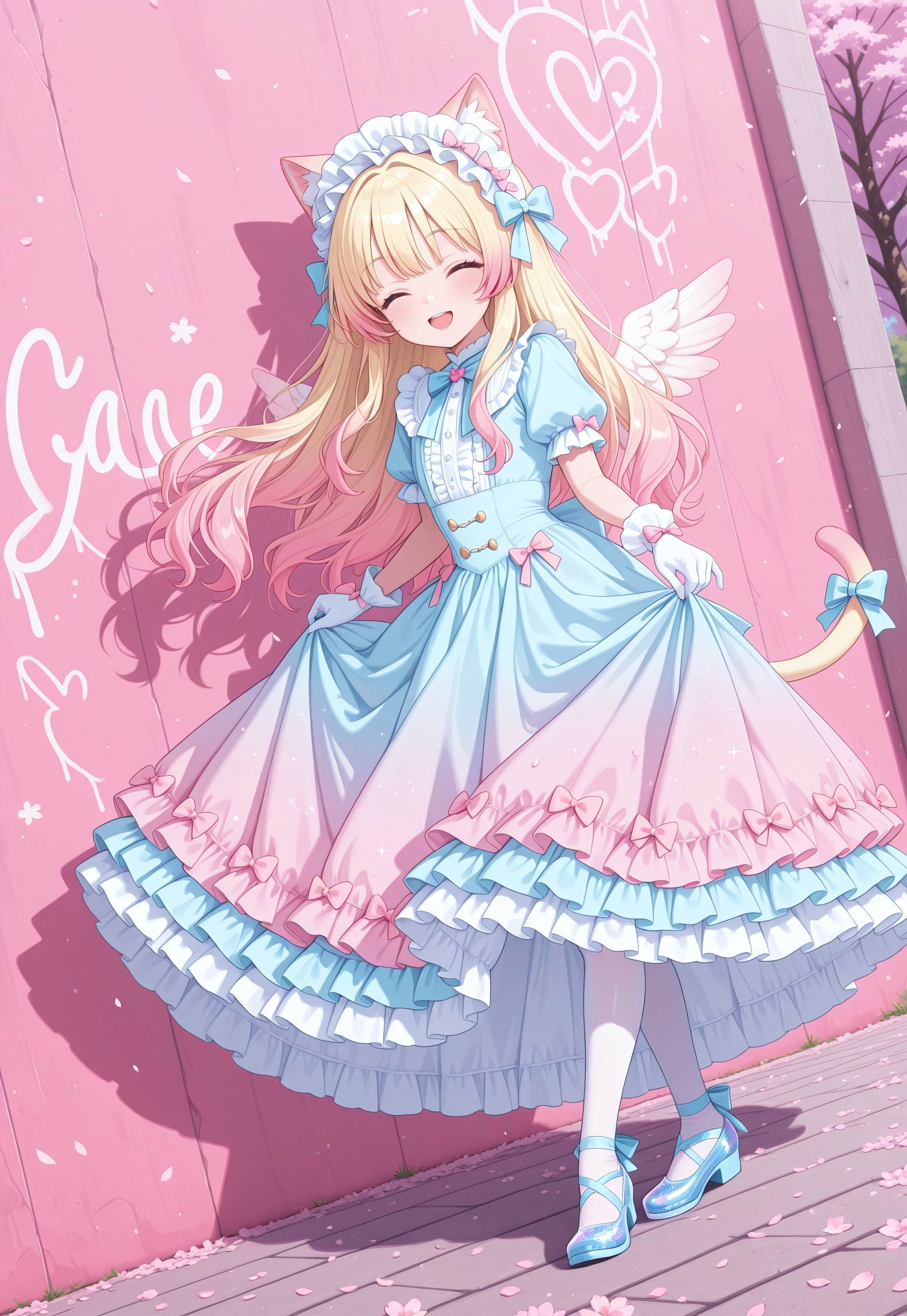 sdpllg, 1girl, catgirl, blonde cat ears, blonde cat tail, blonde hair, two-tone hair, gradient hair, multicolored hair, pink tips, pink highlights, pink streaks, masterpiece, best quality, absurdres, 
(pastel theme, lolitafashion:1.2), pastel lolitafashion, sweet lolitadress, shiny lolitadress, victorian dress, kawaii, cute, moe, puffy padded dress, petticoat, puffy sleeves, pastel colors, pastel pink, pastel blue, frilled wide skirt, white pantyhose, pastel dress, puffy sleeves, gloves, pastel headdress, many bows, multiple bows, ribbons, frills, frilled fabric, center frills, sparkles, glitter, cute lolitashoes, leg ribbon, tail ornament, tail ribbon, tail bow,
outdoors, nature, park, cherry blossom trees, wind, cherry blossoms, wall, graffiti, (mural), painted angel wings,
(solo:1.2), from side, full body, dynamic pose, dutch angle, looking at viewer, happy smile, open mouth, closed eyes, curtsey, skirt hold, crossed ankles, bowing, leaning forward,
intricate, highly detailed, majestic, shallow depth of field, movie still, circular polarizer