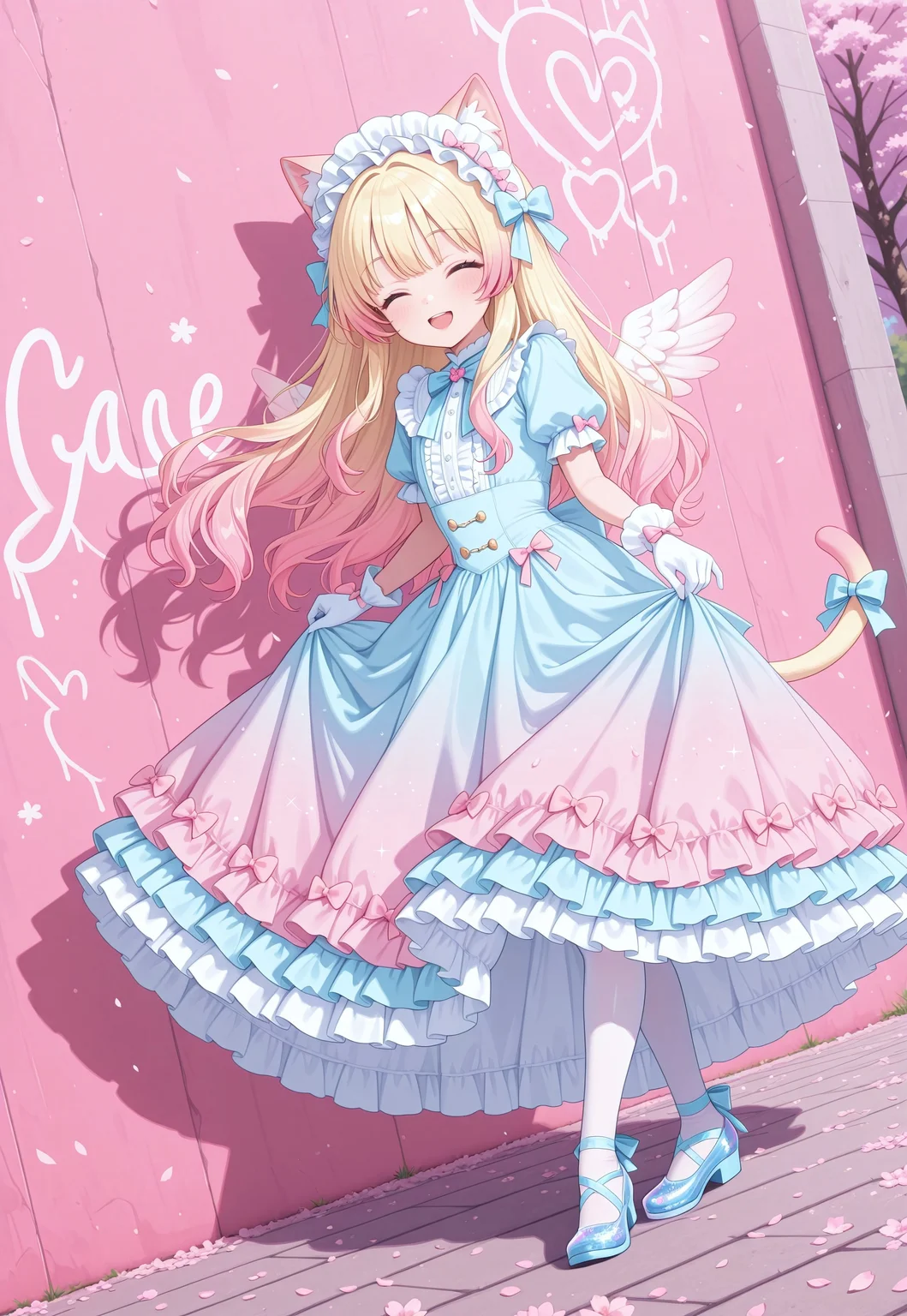 sdpllg, 1girl, catgirl, blonde cat ears, blonde cat tail, blonde hair, two-tone hair, gradient hair, multicolored hair, pink tips, pink highlights, pink streaks, masterpiece, best quality, absurdres,
(pastel theme, lolitafashion:1.2), pastel lolitafashion, sweet lolitadress, shiny lolitadress, victorian dress, kawaii, cute, moe, puffy padded dress, petticoat, puffy sleeves, pastel colors, pastel pink, pastel blue, frilled wide skirt, white pantyhose, pastel dress, puffy sleeves, gloves, pastel headdress, many bows, multiple bows, ribbons, frills, frilled fabric, center frills, sparkles, glitter, cute lolitashoes, leg ribbon, tail ornament, tail ribbon, tail bow,
outdoors, nature, park, cherry blossom trees, wind, cherry blossoms, wall, graffiti, (mural), painted angel wings,
(solo:1.2), from side, full body, dynamic pose, dutch angle, looking at viewer, happy smile, open mouth, closed eyes, curtsey, skirt hold, crossed ankles, bowing, leaning forward,
intricate, highly detailed, majestic, shallow depth of field, movie still, circular polarizer