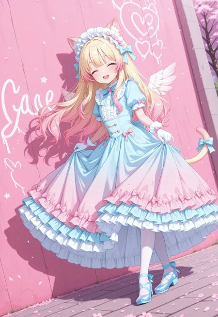 sdpllg, 1girl, catgirl, blonde cat ears, blonde cat tail, blonde hair, two-tone hair, gradient hair, multicolored hair, pink tips, pink highlights, pink streaks, masterpiece, best quality, absurdres, 
(pastel theme, lolitafashion:1.2), pastel lolitafashion, sweet lolitadress, shiny lolitadress, victorian dress, kawaii, cute, moe, puffy padded dress, petticoat, puffy sleeves, pastel colors, pastel pink, pastel blue, frilled wide skirt, white pantyhose, pastel dress, puffy sleeves, gloves, pastel headdress, many bows, multiple bows, ribbons, frills, frilled fabric, center frills, sparkles, glitter, cute lolitashoes, leg ribbon, tail ornament, tail ribbon, tail bow,
outdoors, nature, park, cherry blossom trees, wind, cherry blossoms, wall, graffiti, (mural), painted angel wings,
(solo:1.2), from side, full body, dynamic pose, dutch angle, looking at viewer, happy smile, open mouth, closed eyes, curtsey, skirt hold, crossed ankles, bowing, leaning forward,
intricate, highly detailed, majestic, shallow depth of field, movie still, circular polarizer