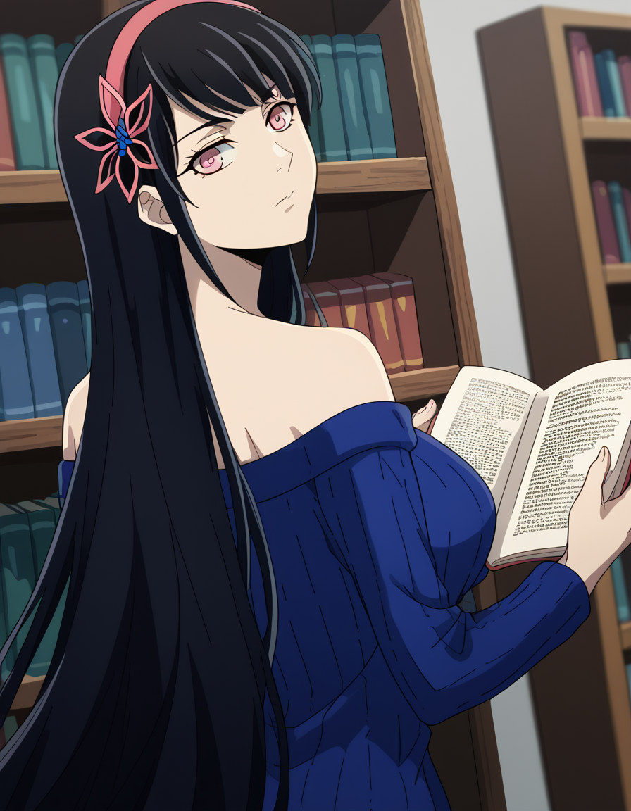 score_9, score_8_up, score_7_up, source_anime, <lora:yihwa-yeon-s2-ponyxl-lora-nochekaiser:1>, yihwa yeon, long hair, bangs, black hair, hair ornament, pink eyes, very long hair, hairband, large breasts,, long sleeves, bare shoulders, collarbone, off shoulder, sweater, butterfly hair ornament, off-shoulder sweater, library, books, shelves, reading, quiet, , <lora:shaft-look-ponyxl-lora-nochekaiser:1>, shaft look, looking back, from behind, head tilt,, looking at viewer, solo,, dutch angle, cowboy shot