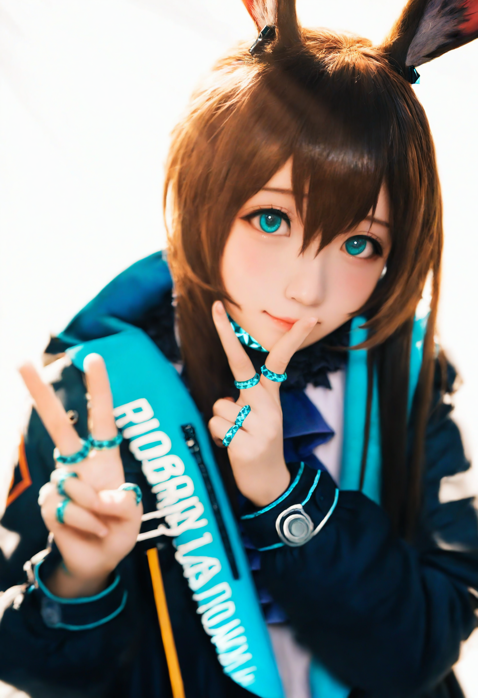 1girl, amiya \(arknights\), 
shadow, light rays, close-up
arknights, animal ear fluff, animal ears, aqua eyes, aqua hoodie, brown hair, closed mouth, hair between eyes, hood, hoodie, light blush, long hair, looking at viewer, multicolored clothes, multicolored hoodie, rabbit ears, rabbit girl, shirt, simple background, solo, upper body, v, white background, white shirt
sunlight, colorful, (best shadow:1.2100000000000002), golden hour lighting, (Depth of field:1.2100000000000002), beautiful detailed glow, cosplay, sunbeam, very awa hime \(style\), long sleeves, sunlight,
masterpiece, masterpiece, best quality, newest, cosplay photo, highres, absurdres