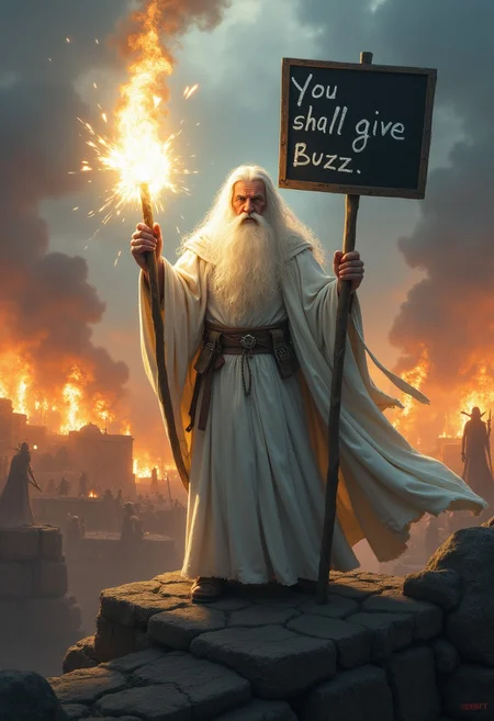 Photo of Gandalf the White standing boldly on the battlements of Minas Tirith, his white robes and cloak flowing in the wind. His staff blazes with radiant light, cutting through the darkness of the battlefield. He is looking at the viewer extremely angry.
He holds a black sign with white chalk letters saying"You shall give Buzz".
Around him, chaos reigns—Orcs swarm, fires rage, and the sky is filled with dark clouds. Gandalf’s eyes burn with fierce determination as he raises his staff, emitting a blinding light that pushes back the shadows. The scene captures the epic clash of light against darkness, highlighting Gandalf’s heroic presence as a beacon of hope in the midst of war.