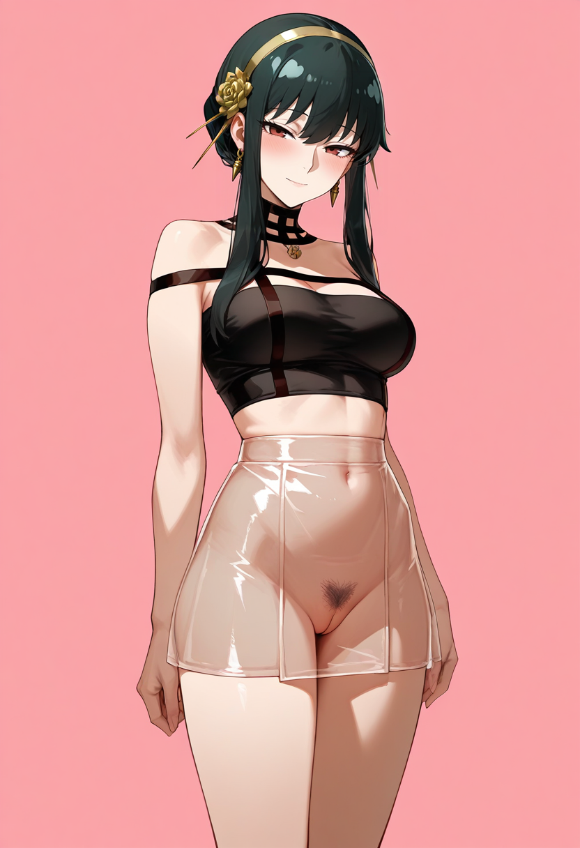 masterpiece,best quality,absurdres, amazing quality,
1girl, solo,
standing,
looking at viewer, half-closed eyes, light smile, 
simple background, pink background, 
crop top, strapless, female pubic hair, 
 <lora:See-through_microskirt:0.6> S33-thr00gh_m1cr0sk1rt, pussy, cleft of venus, see-through miniskirt,   yor briar,  mature female, medium breasts,
