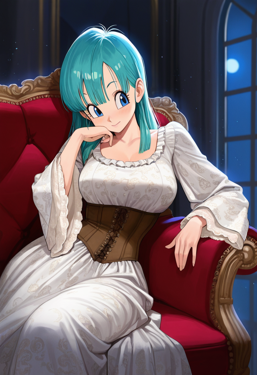 bulma, masterpiece, best quality, amazing quality, ultra detailed, solo, 1girl, adult, long dress, wide sleeves, ornate dress, corset, victorian dress, sitting, armchair, brocade, reclining, leaning on side, chin down proud, indoors, night, particles, cowboy shot,