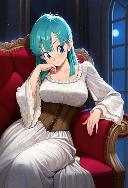 bulma, masterpiece, best quality, amazing quality, ultra detailed, solo, 1girl, adult, long dress, wide sleeves, ornate dress, corset, victorian dress, sitting, armchair, brocade, reclining, leaning on side, chin down proud, indoors, night, particles, cowboy shot,