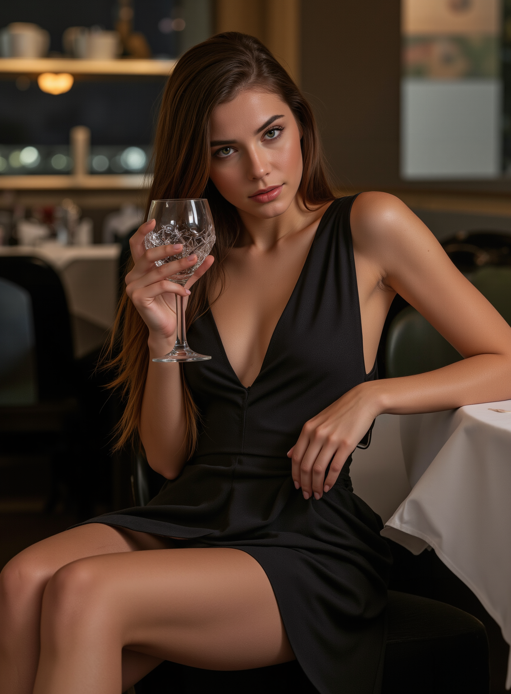 Full body professional photo of Elegant slavic young woman, 18 years old, long flowing brown hair, soft natural skin texture, striking expressive eyes, seated gracefully in a luxurious modern restaurant, ambient lighting with moody highlights, holding a crystal glass of vodka in one hand, wearing a loose, stylish designer dress with a relaxed neckline, posed casually with a subtle lean forward, refined and cinematic atmosphere, high fashion editorial, photorealistic, shallow depth of field, ultra-detailed fabric, realistic textures, soft bokeh background, sfw