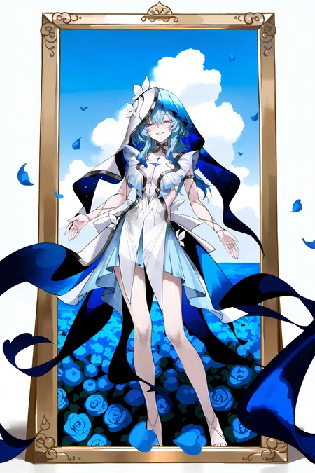 8k, best quality, masterpiece, (ultra-detailed), (high detailed skin), border, oil painting border, photo frame, frame, a carefully framed painting,
(wanke), (pigeon666), (rei_(sanbonzakura)), konya_karasue, year 2023, by au_\(d_elete\),
safe, extra_sharp, (perspective composition.:1.2), (bold_lines are adding to the overall style:1.2) solo, (high brightness:1.3), backlighting, rose field, outdoors, kubrick stare, 1girl, contrapposto, half-closed eyes, detailed eyes, bold eyelashes, long eyelashes, nose, closed mouth, wide grin, smile, long hair, blue sky, clouds, amazing quality, masterpiece, highres, beautiful color, film grain, newest, symmetrical composition, beautiful, intricate, amazing quality, very aesthetic, absurdres, masterpiece, by anna dittmann, full body, dynamic angle, chromatic aberration, white skin, glossy skin, beautiful eyes,
<lora:shouanren-noob-Tanger-000013:0.8>, white dress, veil, shouanren, default clothes, 1girl, blue hair, blue eyes, dress, hood,