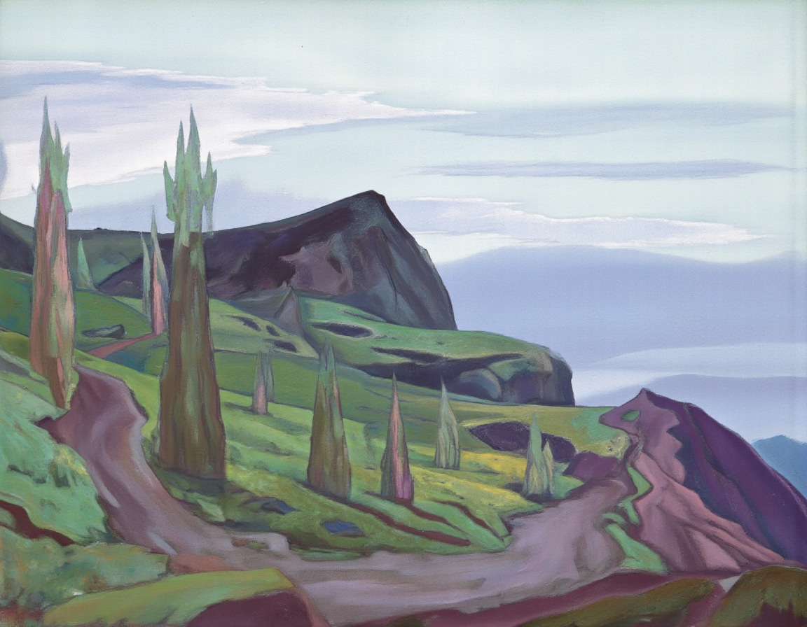 <lora:rerikh:1>, This image is a digital rendering of a surreal landscape painting in the style of the Canadian Group of Seven, characterized by its bold, expressive use of color and texture. The scene depicts a rugged, mountainous terrain with a prominent central peak. The peak is a dark, jagged rock formation that stands out against the lighter, green and purple hues of the surrounding landscape. 
The background features a serene, expansive sky with soft, pastel clouds that stretch across the top half of the image. The sky transitions from a light blue at the top to a darker blue near the horizon, creating a sense of depth and vastness.
The foreground is dominated by a winding dirt path that leads up to the central peak. The path is flanked by several tall, slender trees with elongated, pointed tops, painted in a mix of green, brown, and pink hues. These trees are spaced irregularly, adding to the surreal and dreamlike quality of the scene.
The overall palette of the painting is rich and vibrant, with deep greens, purples, and blues contrasting with the lighter sky and the earthy tones of the path and trees. The texture is smooth, with a slight impressionistic quality that enhances the sense of movement and light.
