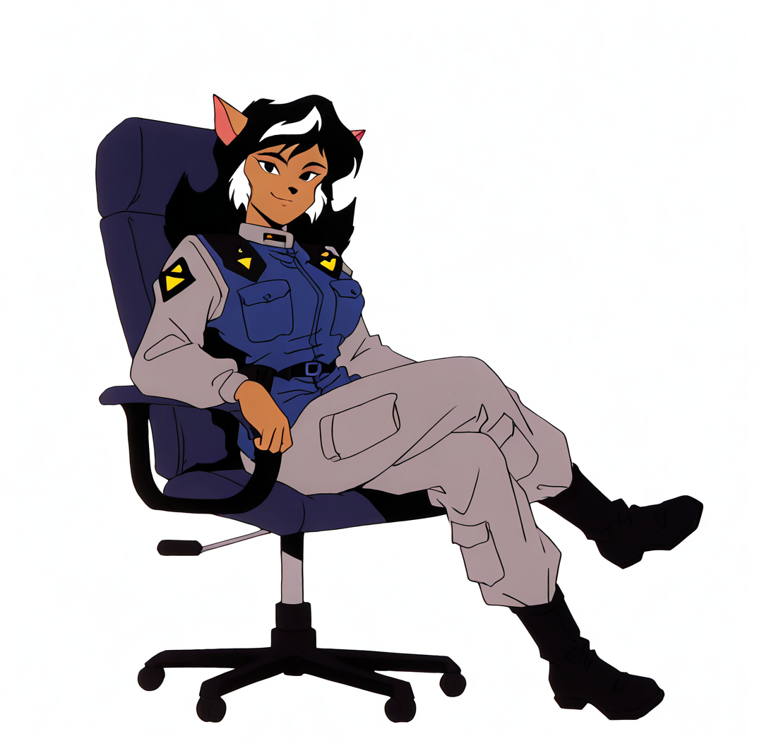 <lora:felinaferal_illustrious:1>, retro style, screencap, cel shaded, (masterpiece), (best quality), (ultra-detailed), amazing quality, very aesthetic, perfect composition, intricate details, absurdres, incredibly absurdres, felinaferal, solo, long hair, looking at viewer, smile, simple background, white background, animal ears, sitting, full body, boots, pants, dark skin, uniform, black eyes, dark-skinned female, chair, crossed legs, retro artstyle, blue vest, police, police uniform, two-tone hair, brown fur, body fur, cat girl, cat ears, black hair, furry female, 1girl, office chair,