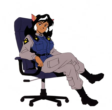 <lora:felinaferal_illustrious:1>, retro style, screencap, cel shaded, (masterpiece), (best quality), (ultra-detailed), amazing quality, very aesthetic, perfect composition, intricate details, absurdres, incredibly absurdres, felinaferal, solo, long hair, looking at viewer, smile, simple background, white background, animal ears, sitting, full body, boots, pants, dark skin, uniform, black eyes, dark-skinned female, chair, crossed legs, retro artstyle, blue vest, police, police uniform, two-tone hair, brown fur, body fur, cat girl, cat ears, black hair, furry female, 1girl, office chair,