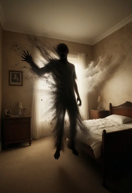 A captivating paranormal photograph, ((oddly tilted fisheyelens/ fisheye view photograph) that showcases intense dynamic composition of a (partiallyvaporous terrifying vampire that is part of the shadows) (emerging in a dark bedroom at night), (floating above) (an innocent, adorable, victim), ((high angle photograph, highly dramatic cinematic atmosphere)), ((the very detailed background is imposing, with angular intimidating, artdeco style architectural designs)), the (terrifying shadow vampire looming over its adorable victim is part of dark and smokey shadows at nighttime in the (girly bedroom of the victim)),
cinematic spiritual horror,  dynamic, , ((double exposures)),  very detailed background, ominous ethereal background,
 epiCRealism, epiCNegative, Photographer Martin Kimbell Style, ral-dissolve