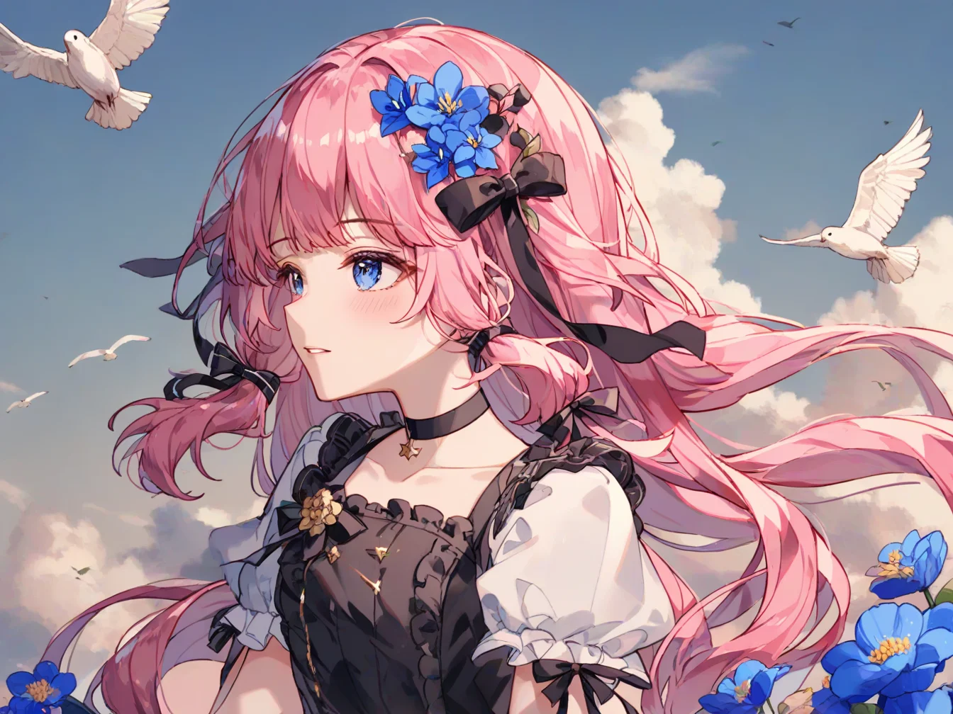 1girl,solo,long hair,looking away,blush,bangs,blue eyes,shirt,hair ornament,dress,bow,ribbon,collarbone,hair ribbon,upper body,pink hair,flower,short sleeves,hair bow,outdoors,frills,parted lips,sky,choker,day,puffy sleeves,cloud,hair flower,black dress,blue sky,puffy short sleeves,black shirt,black ribbon,black bow,bird,black choker,frilled sleeves,blue flower,
<lora:yeurei_1-000042:1>,