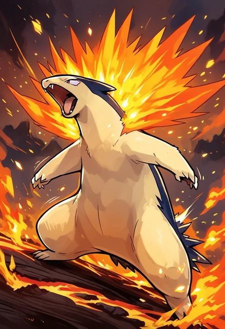 score_9, score_8_up, score_8,
zzTyphlosion, no humans, pokemon (creature), claws,
dynamic pose, attacking, angry, furious, motion lines,
volcano, embers, fire, dust, swirls, wind,
zPDXL3,