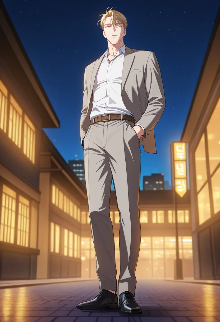 masterpiece, best quality, amazing quality,high resolution, intricate details,anime coloring,depth of field , , , 1boy, solo, male focus,  <lora:sung_hyunjae:0.78>,sung hyunjae,golden eyes,bloden hair,short hair,shirt, standing, jacket, full body, white shirt, outdoors, shoes, collared shirt, belt, pants, black footwear, formal, suit, night,sky,building, hand in pocket, grey jacket,from below