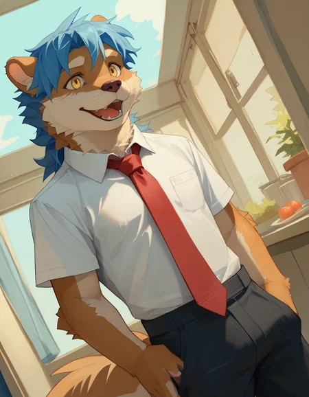 score_9, score_8_up, score_7_up, rating_safe, detailed, <lora:add-detail-xl:2.5>, anthro, furry, dutch angle, high quality, hires, detailed background, embedding:easynegative, pose, score_9, score_8_up, score_7_up, rating_safe, detailed, <lora:add-detail-xl:2.5>, anthro, furry, dutch angle, high quality, hires, detailed background, embedding:easynegative, pose, <lora:Viosgit_style.safetensors:1.2>, (by viosgit:1.2), <lora:ottis_the_otter_v1-09.safetensors:0.6> ott1s_the_0tter, (otter:1.1), male focus, clothing, joy, smile, open mouth, blue hair, shirt, pants, (red necktie:1.1), happy, yellow eyes