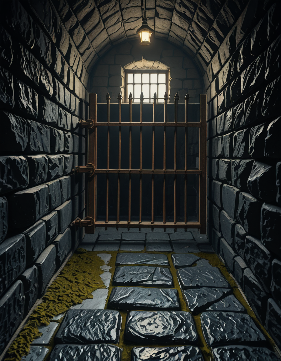 A highly detailed, hyper-realistic photograph of a dark medieval dungeon prison cell. The scene is dimly lit by a single flickering torch mounted on a damp stone wall, casting eerie shadows across the rough, moss-covered stones. Heavy, rusted iron bars form the cell door, slightly ajar, with visible corrosion and ancient padlocks. Inside the cell, there is a straw-covered floor, old wooden buckets, and a crude, splintered wooden bench against the back wall. Chains and manacles hang loosely from the walls, showing signs of long-term use. The atmosphere is cold, humid, and oppressive, with faint light rays piercing through tiny cracks in the stone ceiling. Cobwebs stretch across the corners of the cell, and faint water drips from above, creating small puddles. The overall mood is grim, desolate, and foreboding. Photorealistic style, with high dynamic range (HDR) lighting and extreme attention to textures like rust, moisture, and decay.
<lora:SDXLFaeTastic2400:0.4> <lora:extremely_detailed:0.4> extremely detailed,medieval dungeon pr1s0n c3ll <lora:medieval_dungeon_pr1s0n_c3ll-i:1>, Masterpiece,best quality,hi res,8k,hi res,8k,award winning,(sharp focus, intricate, highly detailed),
