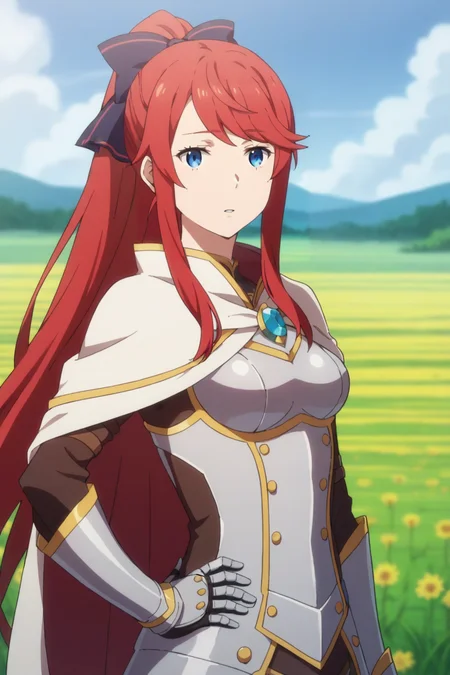 score_9, score_8_up, score_7_up, source_anime, 1girl, prefect lighting, very aesthetic, intricate details, highly detailed background, masterpiece, high quality, prefect hands, best quality, solo,
<lora:Theresia_van_Astrea_ReZero_V1:.85>, KJOtheresia, red hair, blue eyes, long hair, swept bangs, ponytail, hair bow,
armor, cape,
expressionless, parted lips, hand on own hip,
field, wind,
(Beautiful, medium Breasts:1.2), natural breasts,