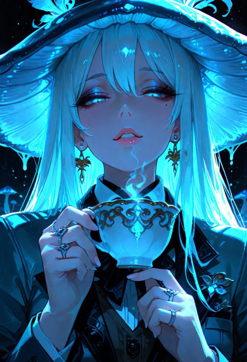 masterpiece, best quality, hyper-realistic, ultra-HD, intricate textures, luminous lighting, cinematic ambiance, shimmering gradients, ethereal glow, deep contrast, soft volumetric fog, subtle particles, radiant reflections, rich color tones, seductive atmosphere, captivating sensuality, Cinematic Lighting,Shadow,backlit, backlighting,
BREAK
plump glossy lips, flushed cheeks, alluring expression,
BREAK
raytracing, volumetric lighting, ambient occlusion, shimmering particles in the air, intricate cinematic background,intimate and seductive, crafted to captivate and seduce.
BREAK
(sexy, slutty, hot, aroused)
Mad Hatter, mushroom hat, teacup, suit, blue theme,
BREAK
long_hair, looking_at_viewer, holding, jewelry, half_closed_eyes, earrings, parted_lips, finger nails, eyelashes, lips, mole_under_eye, makeup, ring, close-up, stud_earrings, mascara,