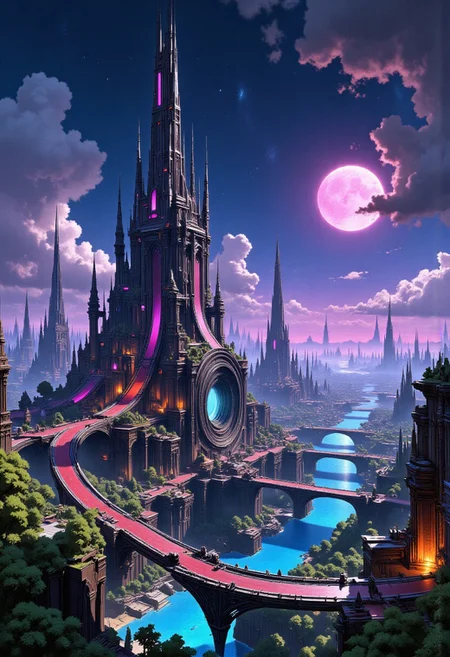 abstract painting, gradient vibrant neon colours, mythp0rt, best quality, masterpiece. A science fiction painting of Trackmania megastructure at night seen from a low angle, sparkling with with neon lights and framed against a full moon. The central focus is an immense, towering skyscraper with a sleek, reflective surface that reflects the soft, ambient light of the setting sun. The building's design is futuristic, with a tapering top and a complex, organic base that seems to blend seamlessly with the landscape. In the foreground, a serene river runs through a valley lined with lush, green trees. Bridges and elevated walkways connect the base of the skyscraper to the surrounding buildings. The buildings in the foreground are more modest in size, with a mix of glass and metallic facades. There is a big vortex shaped portal in the middle of the scene. In the background, the cityscape stretches into the distance, showcasing a variety of skyscrapers and high-rises, some of which are needle-like, indicating a focus on verticality and density. The sky is a gradient of deep blues and purples, with scattered, fluffy clouds casting shadows on the buildings below. The overall color palette is cool and serene, with the soft lighting enhancing the futuristic, utopian atmosphere of the scene. a supermassive dull sun in the background, cinematic, Perfect Composition, voqteckz