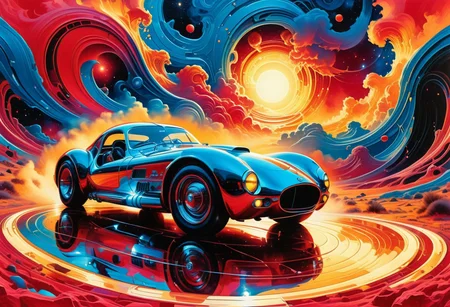 A legendary vintage car with sleek curves and shimmering chrome, painted in bold hues of crimson red and electric blue, racing through a surreal dreamscape under a golden sky, inspired by the dynamic style of Syd Mead.