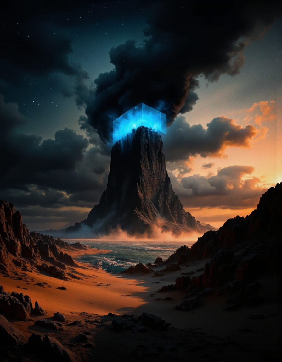 A surreal digital illustration shoot from a low angle about a surreal scene featuring a large, dark, towering rock formation in the middle of a desert landscape at night. the sky is filled with dark, ominous clouds and the horizon is illuminated by a warm, orange light. in the center of the image, a glowing blue cube is suspended in mid-air, emerging from the rocky terrain below. the cube appears to be floating above the rocky formations, creating a sense of depth and dimensionality. the surrounding landscape is dominated by sand dunes and rocky cliffs, with a vast expanse of water visible in the distance. the overall mood is one of awe and wonder, with the contrast between the dark and vibrant colors of the sky and the glowing cube creating a captivating scene. <lora:landscape:1>
