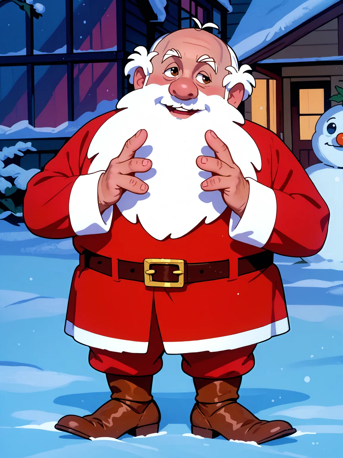 <lora:norman_rockwell_style_pony_v6:0.8> norman rockwell style, score_9, score_8_up, score_7_up, score_6_up, <lora:Santa_-_Frosty_the_Snowman:0.8> santafrostythesnowman, 1boy, solo, santa costume, facial hair, beard, belt, brown footwear