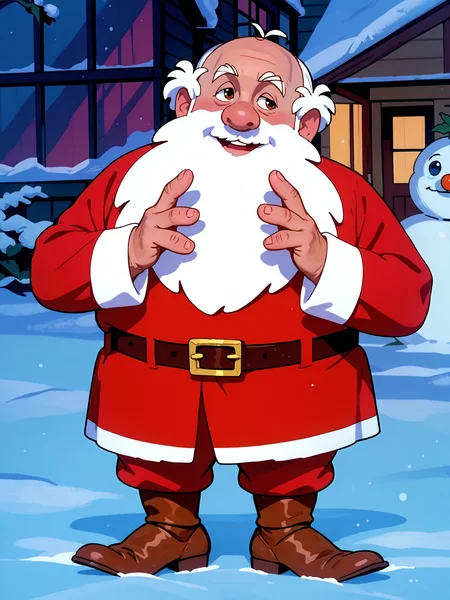 <lora:norman_rockwell_style_pony_v6:0.8> norman rockwell style, score_9, score_8_up, score_7_up, score_6_up, <lora:Santa_-_Frosty_the_Snowman:0.8> santafrostythesnowman, 1boy, solo, santa costume, facial hair, beard, belt, brown footwear