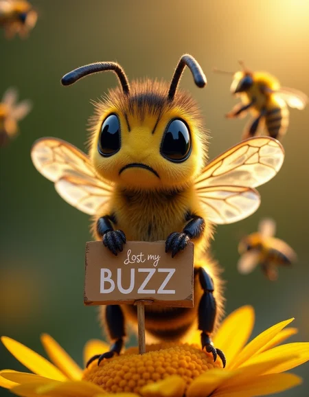 Cute little bee creature, sad, upset, cuteness overload, damaged bee wings, sign saying 'lost my BUZZ' masterpiece, small centered composition, product shot,  wallpaper art, Rule of Thirds, delicate,lovable, tiny, best, dynamic composition, magnificent, intense, perfect background, bees happily flying in the background