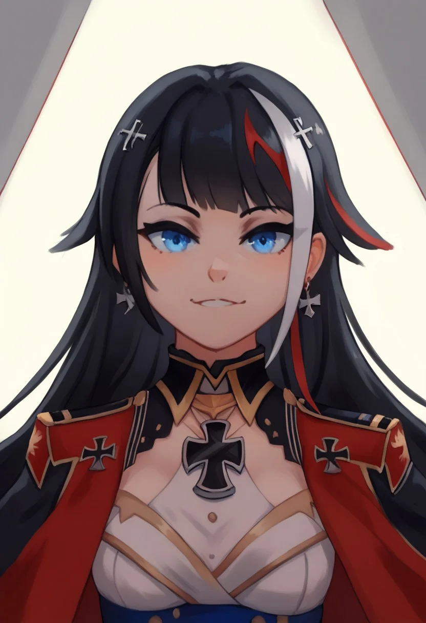 score_9, score_8_up, best quality, seraziel, Black Hair, Long hair, Streaked Hair, Multicolored Hair, Blue Eyes, 1girl, very aesthetic, masterpiece, 8k, mood lighting, cinematic lighting, volumetric lighting, dark eyelashes and eyeliner, perfect eyes, deutschland (azur lane), royal, gold trim, iron cross, earrings, looking at viewer