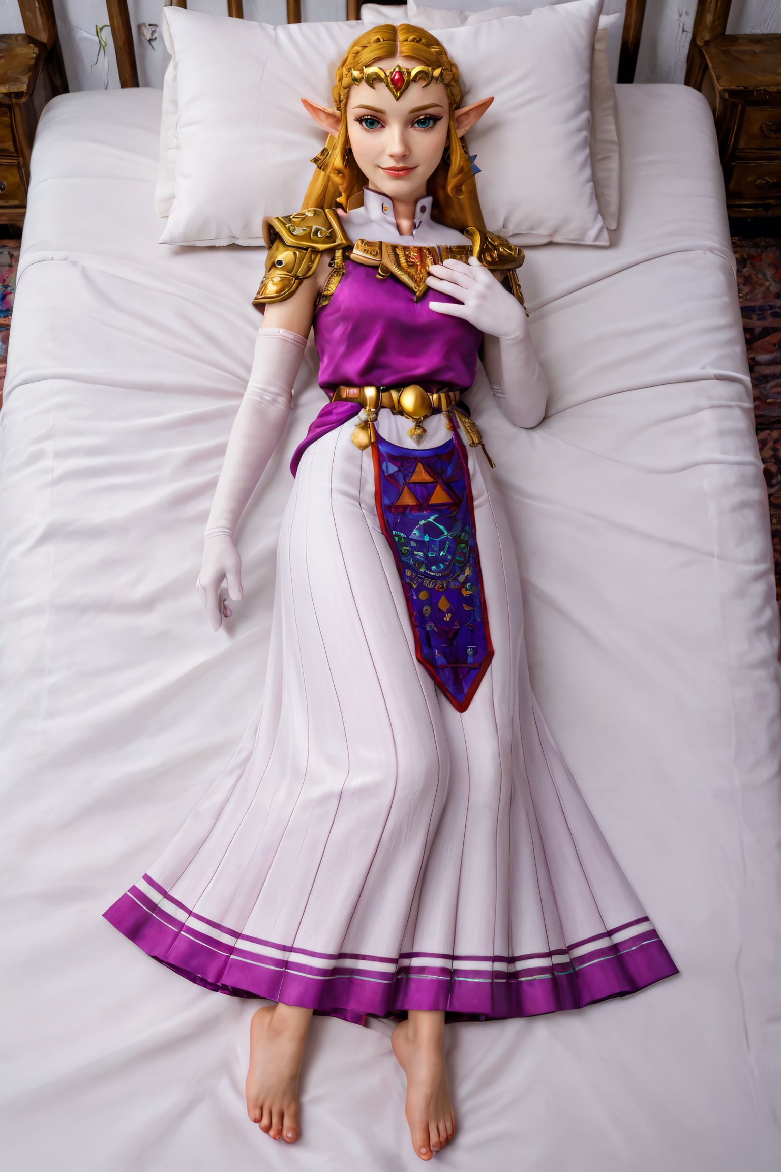 zPDXL2, <lora:OoTZeldaSDXL:.7>
princess zelda, dress, elbow gloves, long skirt, pelvic curtain, feet, looking at viewer, seductive smile, lying, on bed, pillow, from above, sexy pose,